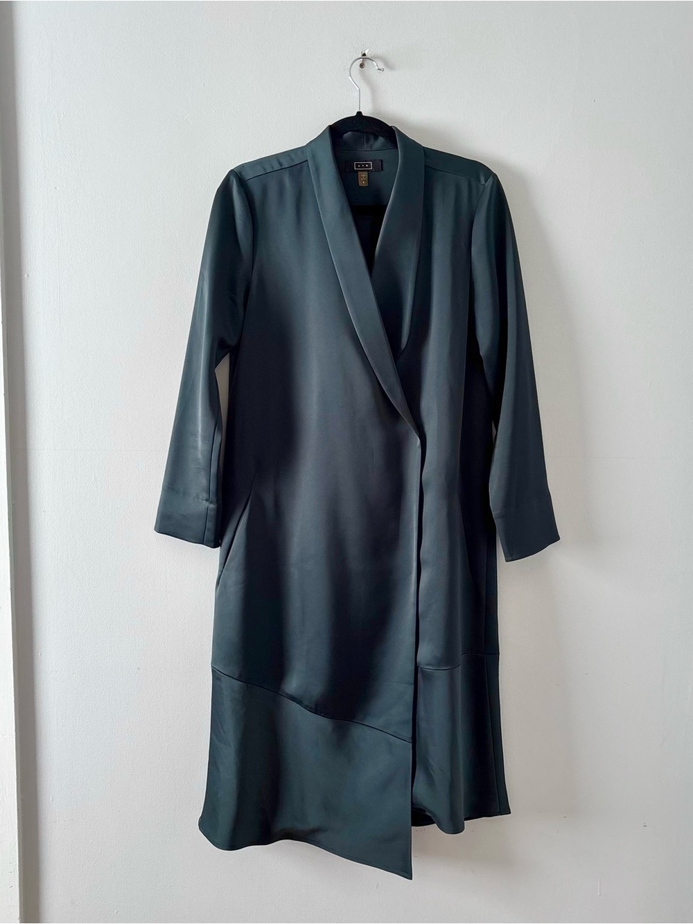 AYR Satin Wrap Dress Midi Pine Baron Green Long Sleeve Collar